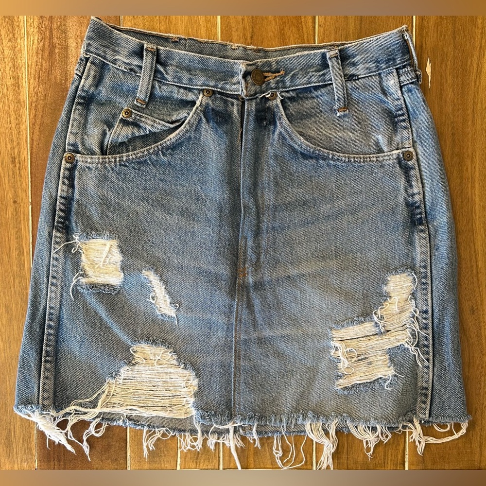 Wrangler Reworked Vintage Distressed Denim Mini Skirt Blue Womens 26 Custom